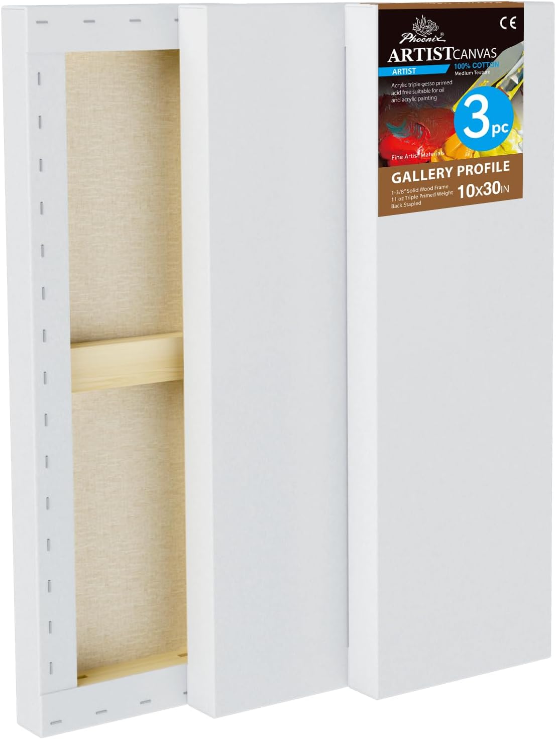 PHOENIX 10x30 Inch 3 Pack Gallery Canvas - 1.5 in Thick Large Skinny Canvases for Painting - Deep Edge 100% Cotton 11 Oz. Gesso Primed White Blank Professional Canvas Oil & Acrylic Paints