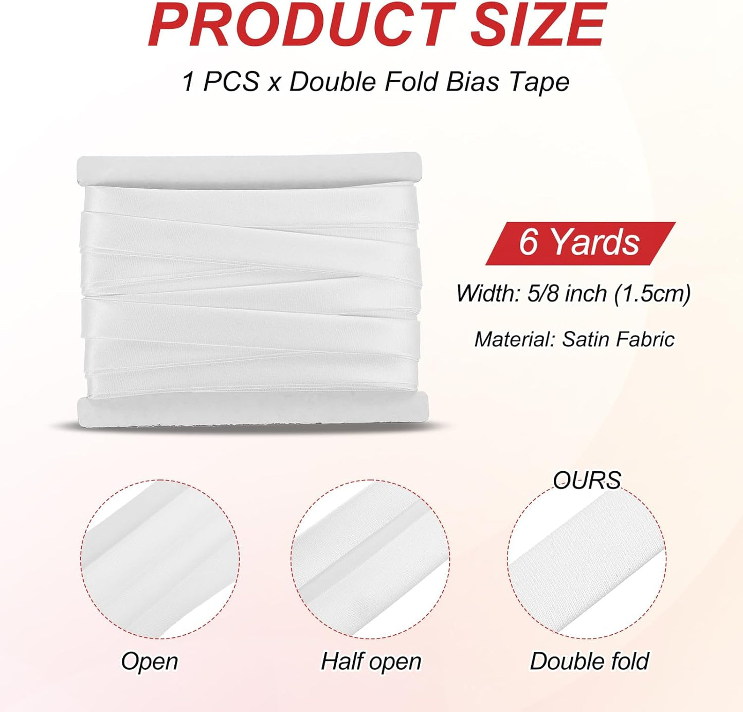 MECCANIXITY Double Fold Bias Tape for Sewing 5/8 Inch x 6 Yards Satin Pre-fold Continuous Binding Tape for Seaming Quilting Hemming Binding DIY Crafts, White