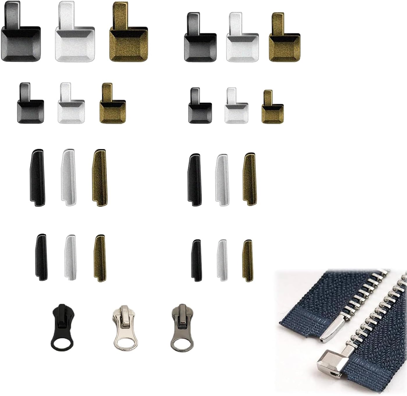 48pcs Zipper Head Slider, Zipper Latch Slider Retainer, 4 Sizes 3 Color Zippers Bottom Sliders Retainer Insertion Pin with 3pcs Zippers Latch for DIY Sewing Replacement Repair Kit