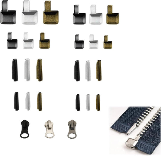 48pcs Zipper Head Slider, Zipper Latch Slider Retainer, 4 Sizes 3 Color Zippers Bottom Sliders Retainer Insertion Pin with 3pcs Zippers Latch for DIY Sewing Replacement Repair Kit