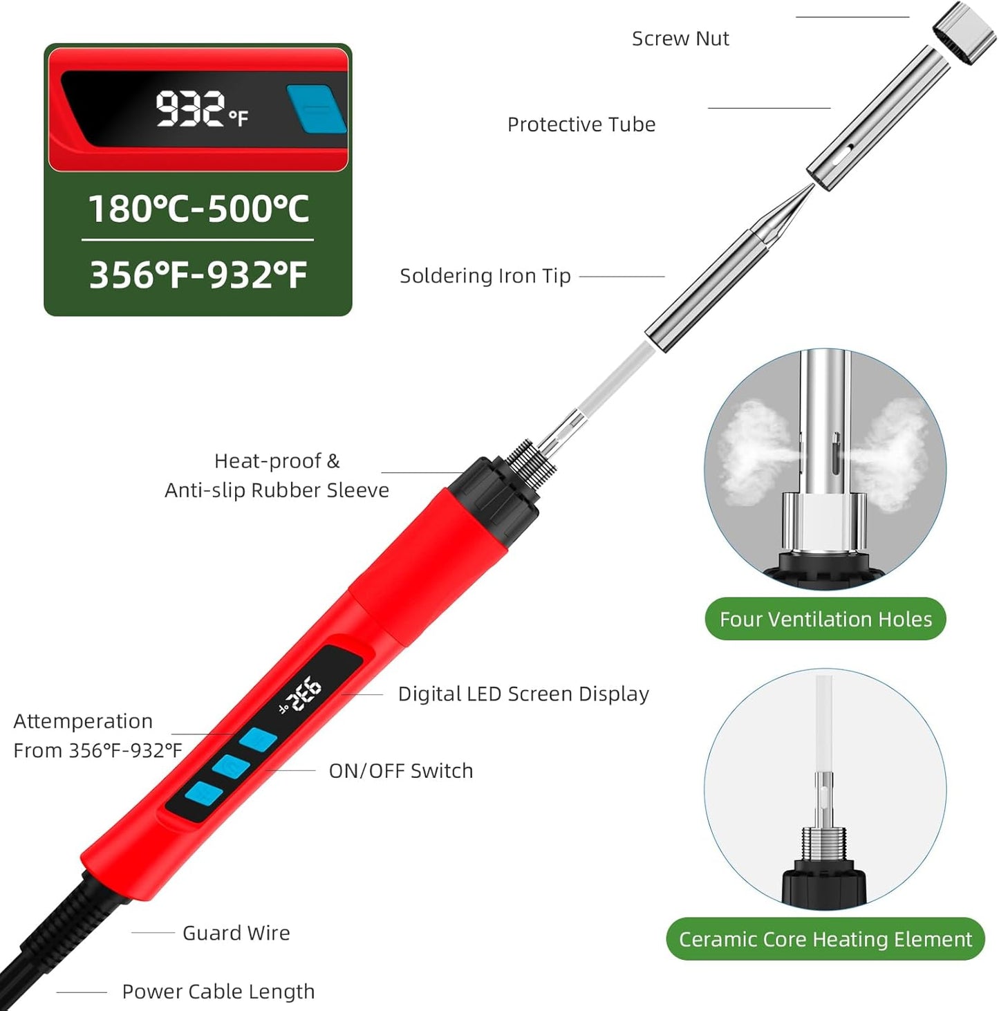 Soldering Iron Kit, 190W Soldering Gun, 110V LED Solder Kit for Electronics, Adjustable Temperature 356-932℉, Includes Solder Wire, Sucker, Tips, Stand, Tweezers, Paste and Solid Wood Box, Red