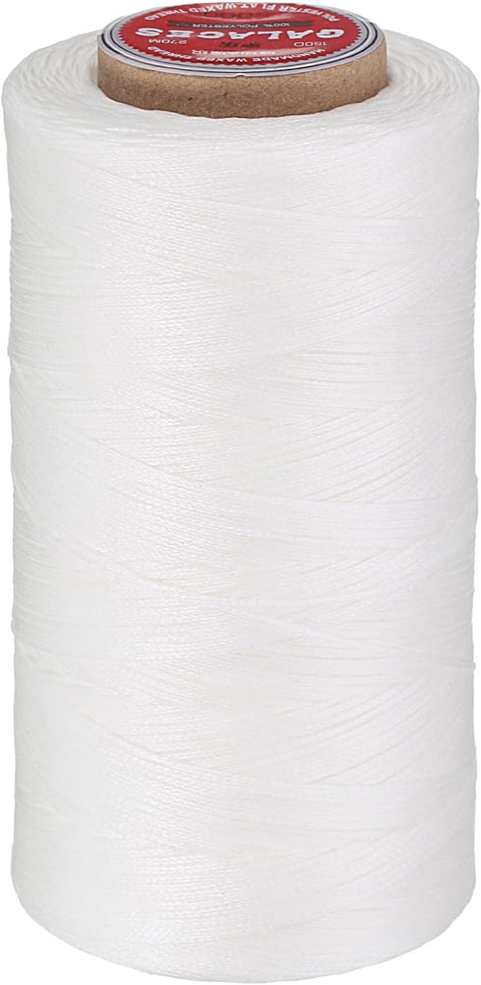 uxcell Flat Leather Sewing Waxed Thread, 270m / 295 Yards Polyester Wax String, 150D Wax Stitching Cord for Leather Crafts, Bookbinding, Bracelets Braided, White