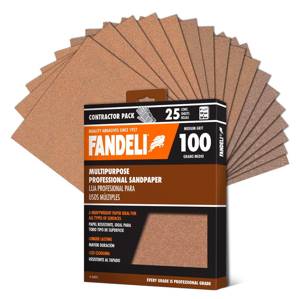 Fandeli | Multi-Purpose Sandpaper | 100 Grit | 25 Sheets of 9'' x 11'' | Ideal for Sanding Metal, Untreated Wood and Painted Surfaces