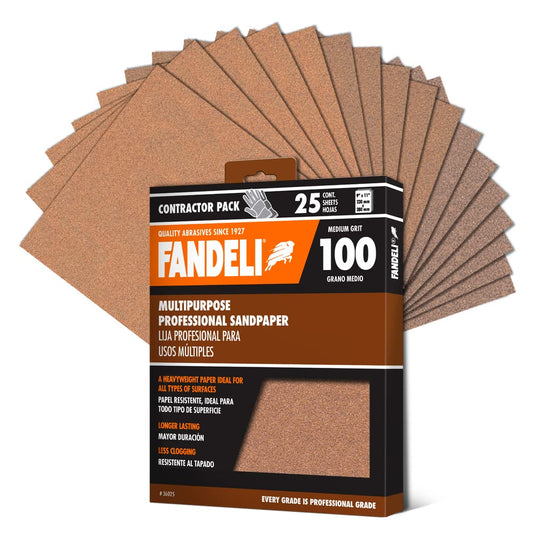 Fandeli | Multi-Purpose Sandpaper | 100 Grit | 25 Sheets of 9'' x 11'' | Ideal for Sanding Metal, Untreated Wood and Painted Surfaces