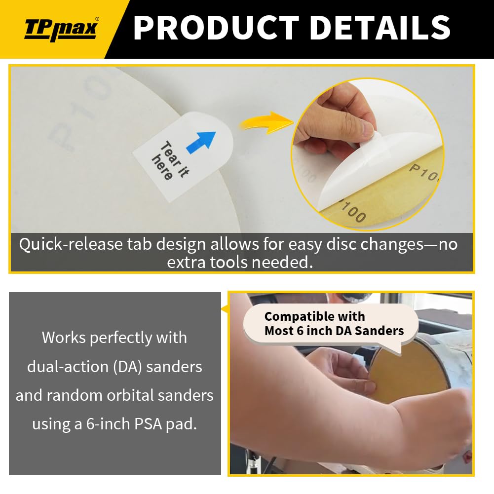 6-Inch 500-Grit Gold PSA Sanding Discs, 50 Pack – Pro-Grade Self-Adhesive Stickyback Sandpaper with Quick-Release Tabs for DA Sander, Polishing-Grade Automotive/Wood/Metal Sanding