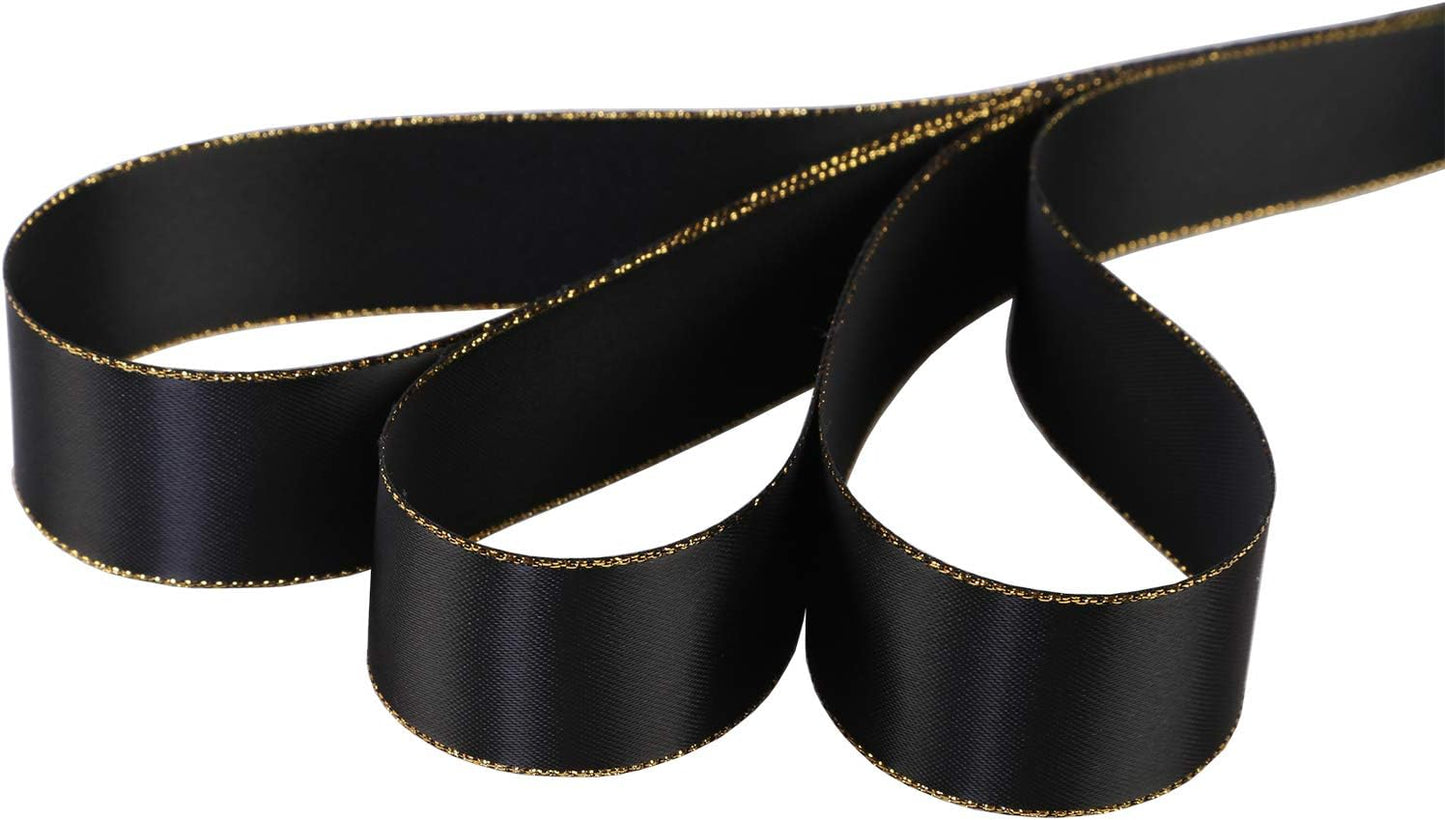 ITIsparkle 1" Inch Double Faced Satin Ribbon 25 Yards with Gold Edges, 1" X 25Yd - Black