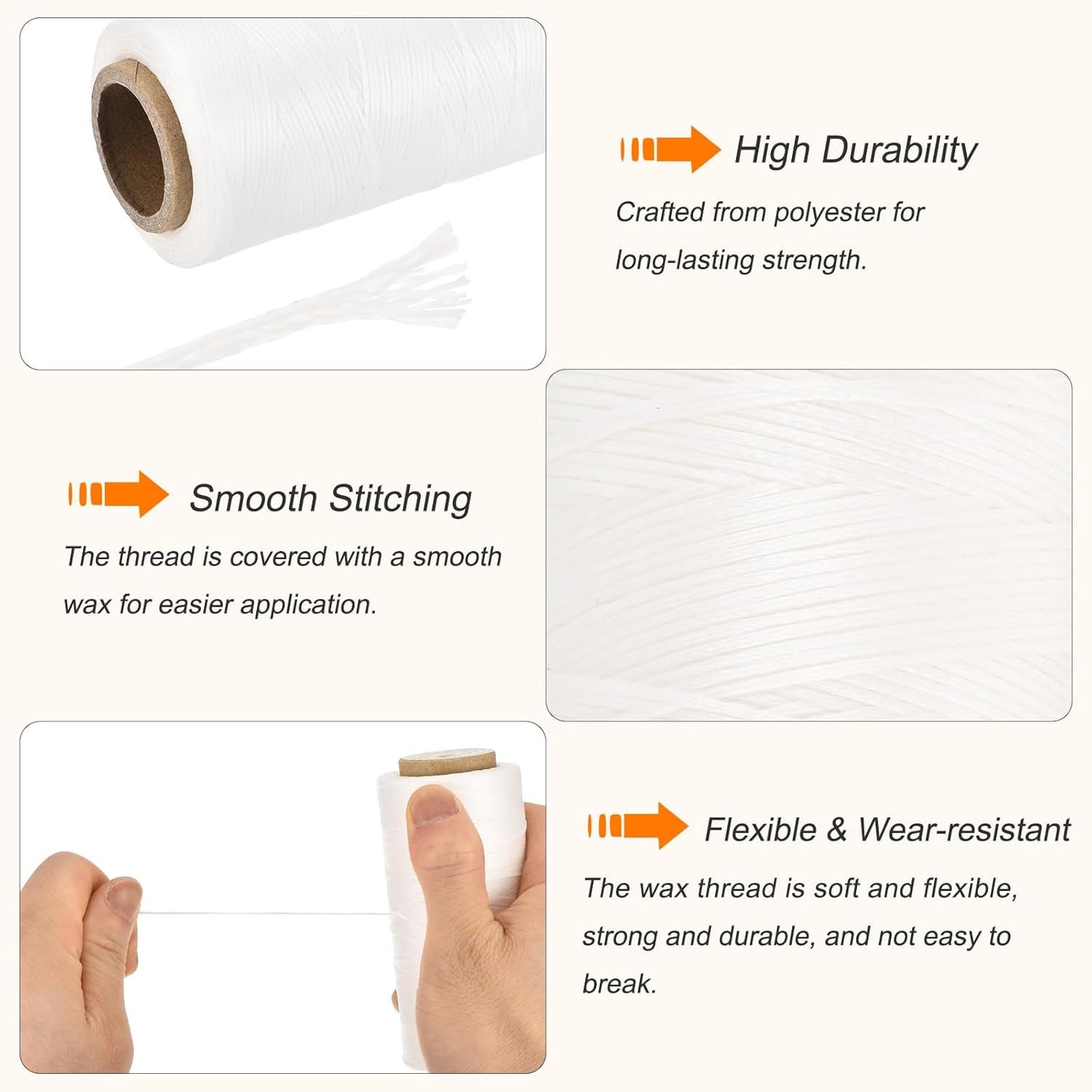 MECCANIXITY Waxed Thread,284 Yard 0.8mm 150D Flat Wax Thread Polyester Waxed String for Leather Sewing Hand Weaving Book Binding Home Decoration, White