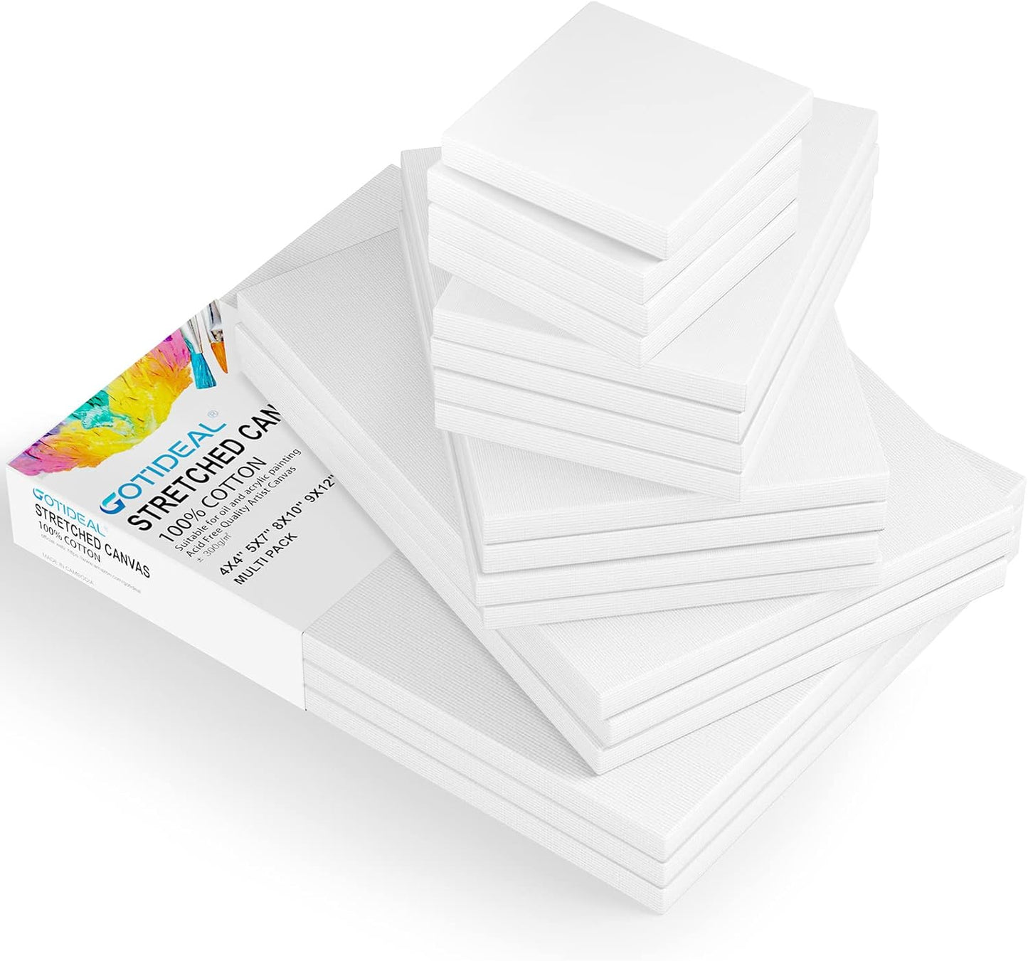 GOTIDEAL18Pcs Stretched Canvases for Painting Multi Pack 4x4, 5x7, 8x10,9x12, 11x14 Set, Primed White - 100% Cotton Artist Blank Canvas Boards for Painting, Acrylic Pouring,Oil Paint