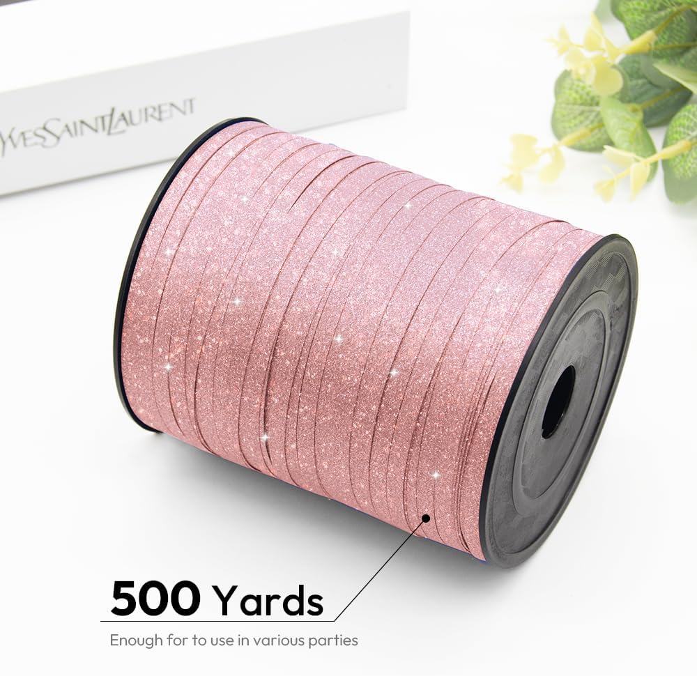 KMER LIFE Pink Glitter Curling Ribbon, 1/5" Wide x 500 Yards Christmas Curling Ribbons for Gift Wrapping, Party Decoration, Balloon String, Crafting, Balloon Ribbons for Florist Flower (1 Roll)