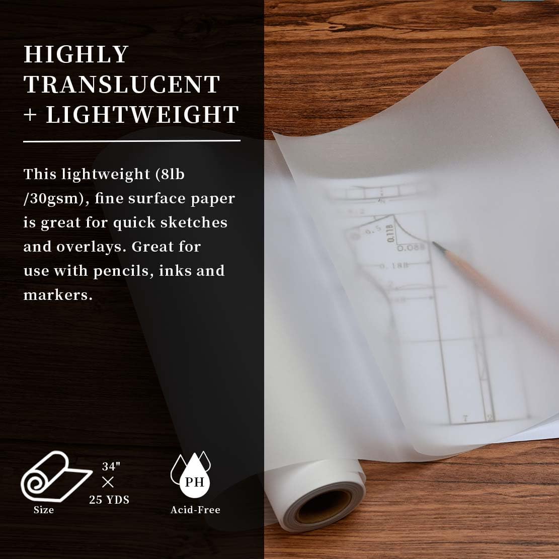 SEMLEART Artit's Tracing Paper roll,32lb/50gsm,10 inch x 25 Yard,Translucent Tracing Paper for Pencil, Marker and Ink - Trace Images, Sketching,Drawing