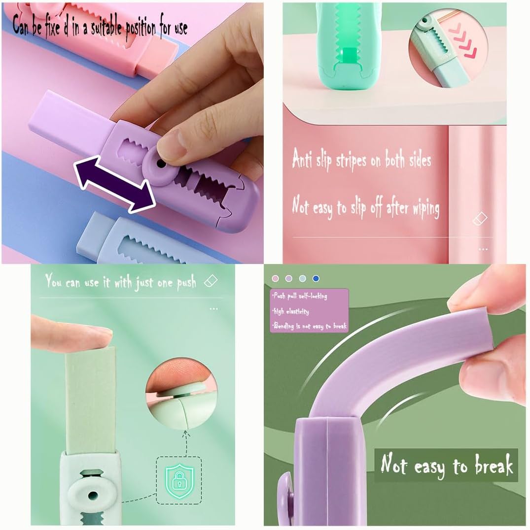 6Pcs Pastel Pencil Rubber Erasers Sliding Retractable Eraser Rectangular Push Pull Large Pencil Eraser with Plastic Sleeve Refill Writing Art Eraser for School Office Drawing