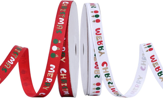 Christmas Gift Wrapping Ribbon, Red, Green, 2 Rolls Printed Grosgrain Ribbons for Crafts, Floral Bouquets, Sewing, Party and Festive Holiday Decor (2 Rolls(White/Red) A, 1 Rolls=3/8in * 10Yards)
