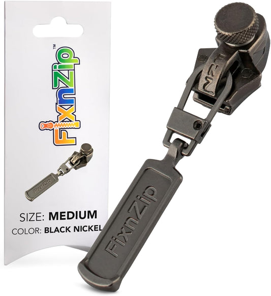 FixnZip (Medium, Black Nickel) - See Size Guide - Universal Zipper Repair Kit for Jackets, Luggage, Bags - Backpack Zipper Replacement Repair Kit - Instant Zipper Fix