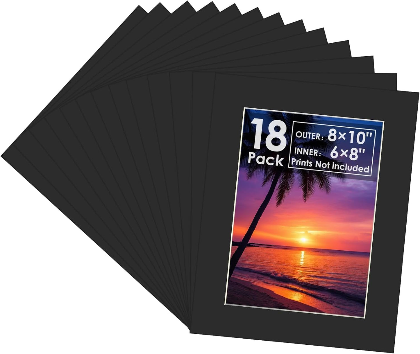 18 Pack Picture Mats, 8x10 for 6x8 Picture Frame Mats, Acid Free Core Bevel Cut Picture Frame Mattes for Photos Artworks Prints (Black)