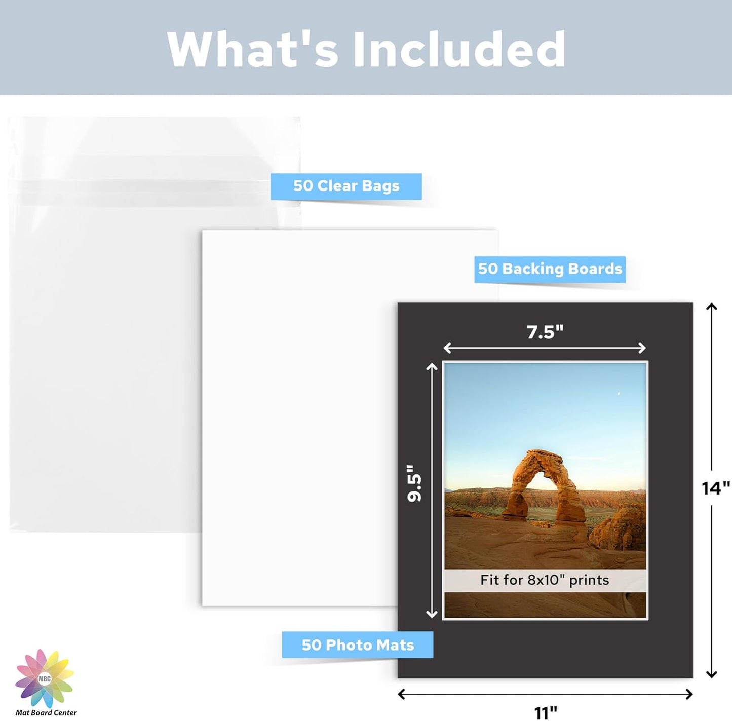 Mat Board Center, Pack of 50, 11x14 for 8x10 Black Mat Kit - Acid Free, 4-ply Thickness, White Core - Includes Backing Boards and Clear Bags - for Pictures, Photos, Framing