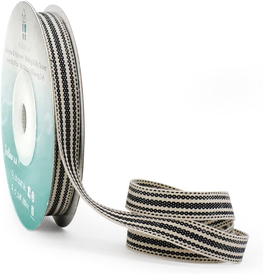 CT CRAFT LLC Ivory Cotton Black Stripes Ribbon 3/8" x 10 Yards for Home Décor Gift Present Wrapping DIY Crafts Birthday Wedding Bouquet Christmas