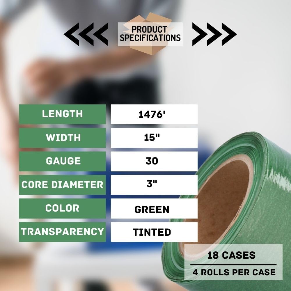 PSBM Green Stretch Wrap, 15 Inch x 1476 Feet, 72 Pack, Tinted Pre-Stretched Shrink Wrap Film for Moving, Packaging, Pallet Wrapping