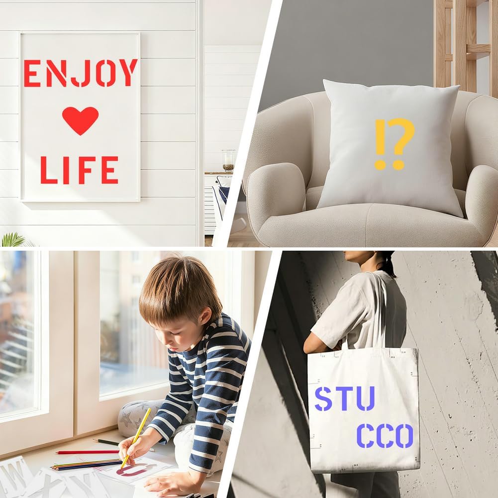 4 Inch 42 Pcs Reusable Letter Number Symbol Stencils, Plastic Painting Templates for Wood Wall Fabric Rock Chalkboard Signage School Door Porch DIY Art Craft Decoration Projects