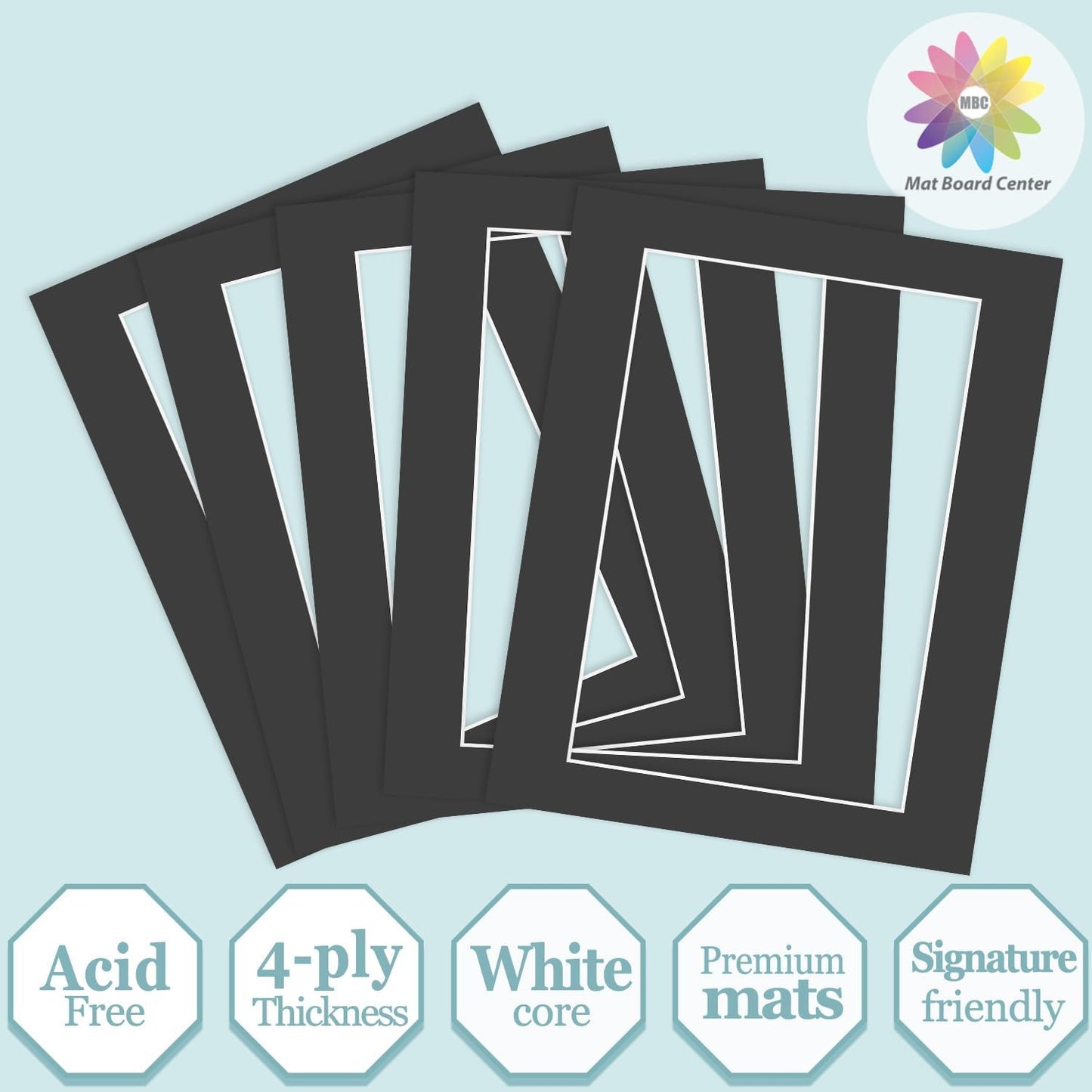 MBC Mat Board Center, 5 Pack 11X14 for 8X12 Black Picture Mats Frame Mattes, Bevel Cut, Acid Free, 4-Ply Thickness
