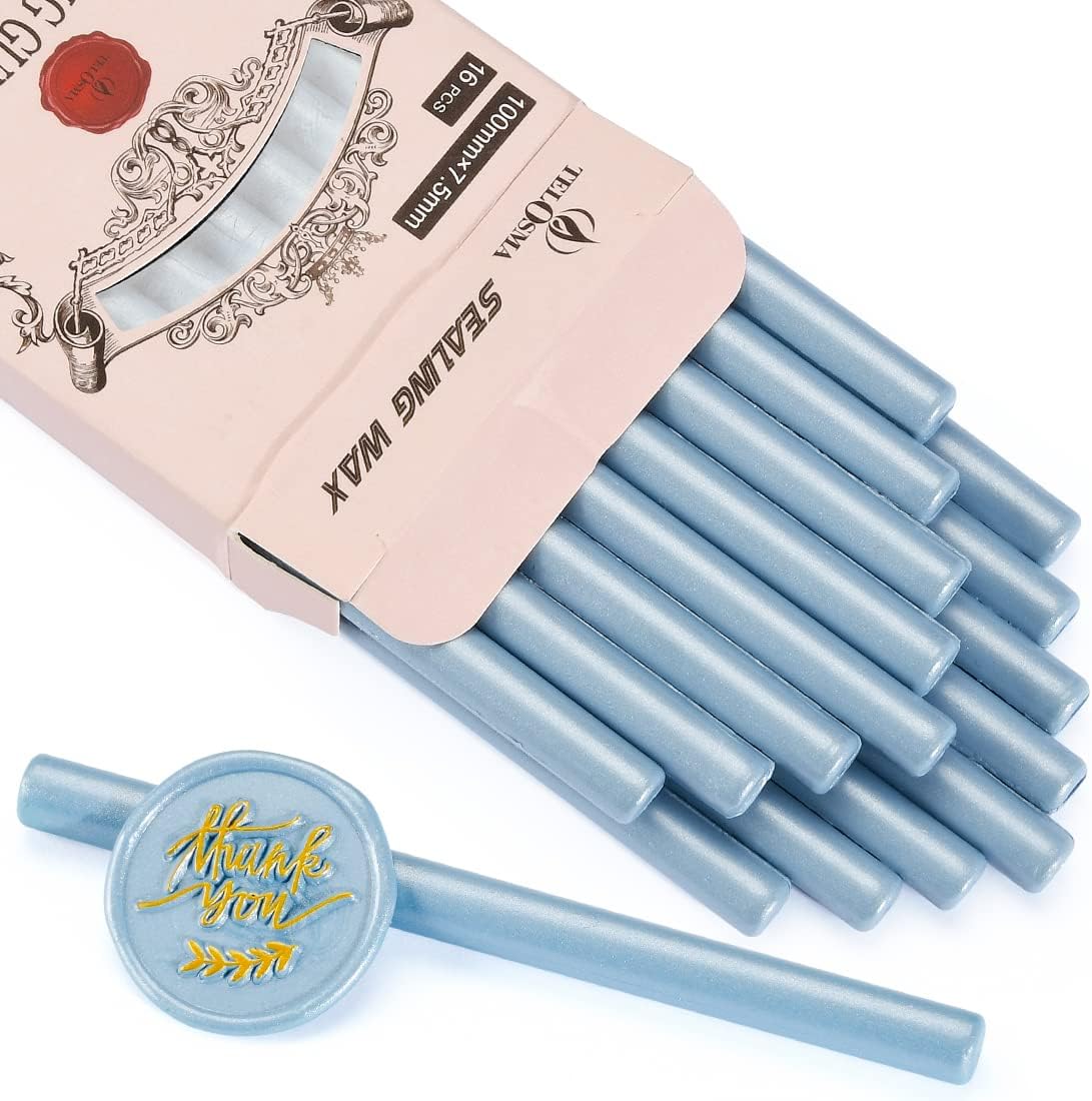 16 PCS Dirty Blue Small Glue Gun Sealing Wax Sticks for Mini Glue Gun, Make Seals for Wedding Invitations/Thanks Card/Envelopes/Teenager Boys Xmas Gift Wrapping/Baby Shower Card Gifts