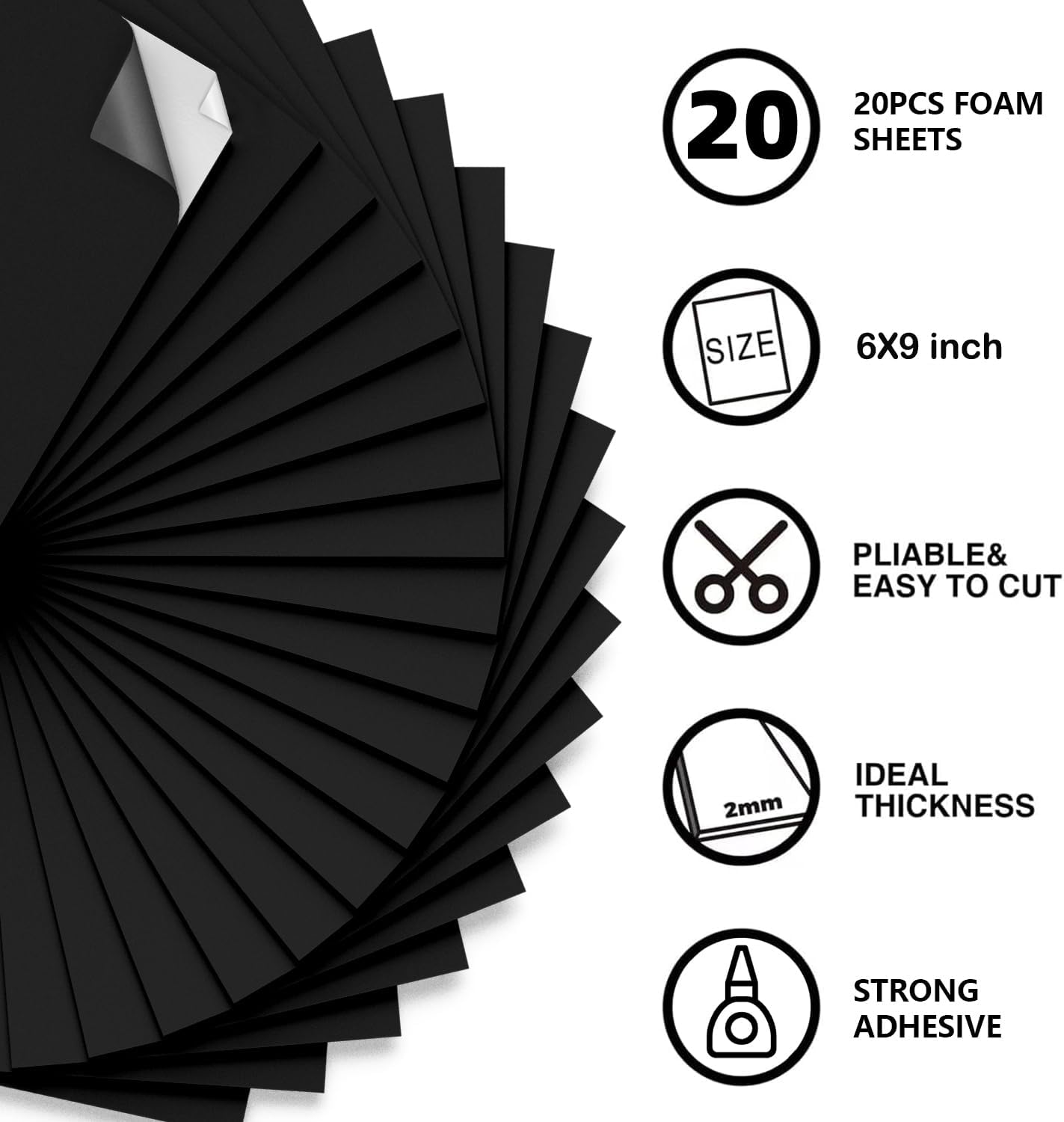 MEARCOOH 20-Pack Self Adhesive Foam Sheets, Black 2mm Sticky Eva Foam Paper 6x9 Inch for Crafts