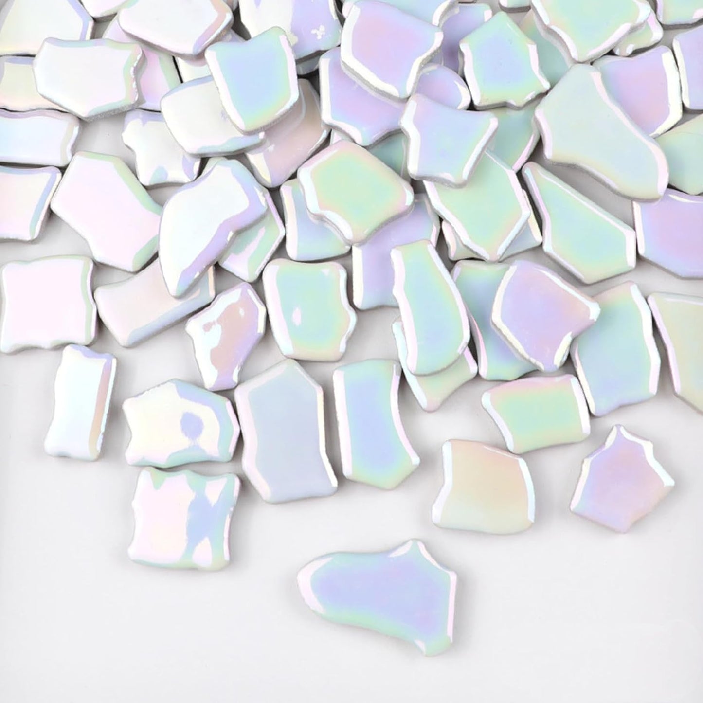 0.78"-1.57" Irregular Ceramics Mosaic Tiles,1.1LB Mosaic Pieces Stones for Home Decoration DIY Craft Plates Flowerpots Vases Cups Mosaic Making Supplies (Iridescent White)