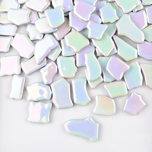 0.78"-1.57" Irregular Ceramics Mosaic Tiles,1.1LB Mosaic Pieces Stones for Home Decoration DIY Craft Plates Flowerpots Vases Cups Mosaic Making Supplies (Iridescent White)