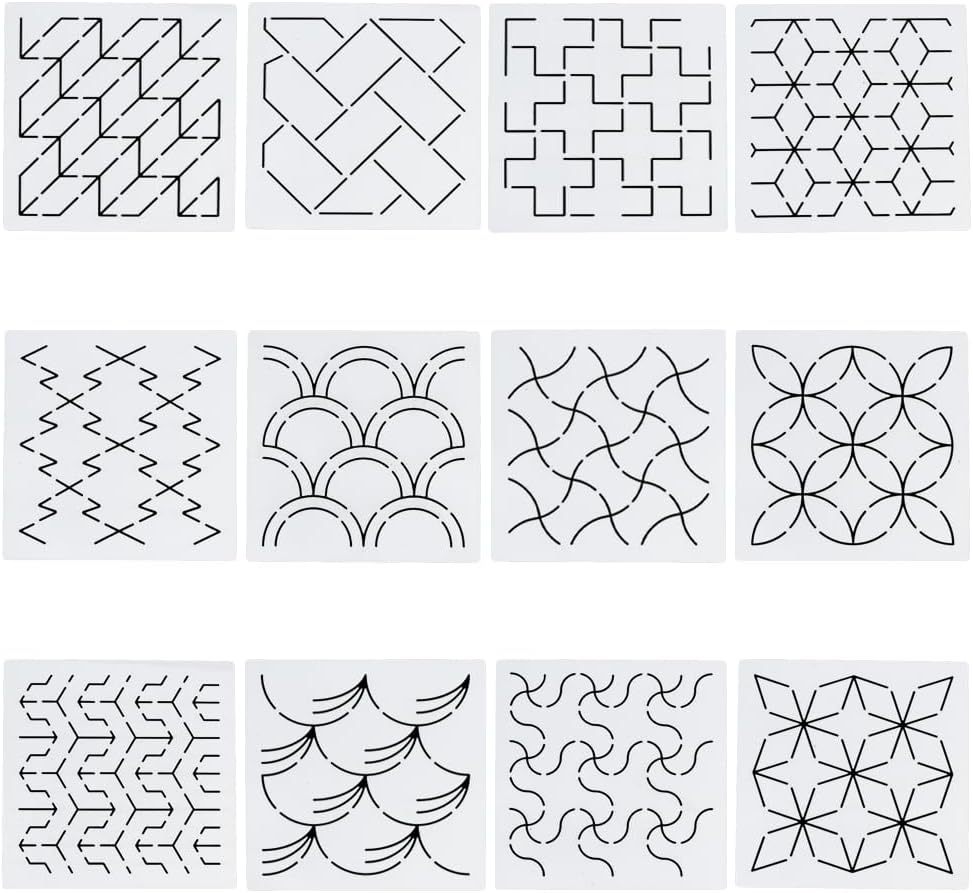 FREEBLOSS 12Pcs Sashiko Stencils Sashiko Embroidery PET Template Drawing Line Template for Hand Quilting Sashiko Patterns Templates Embroidery Stencils 5.5 * 5.5''