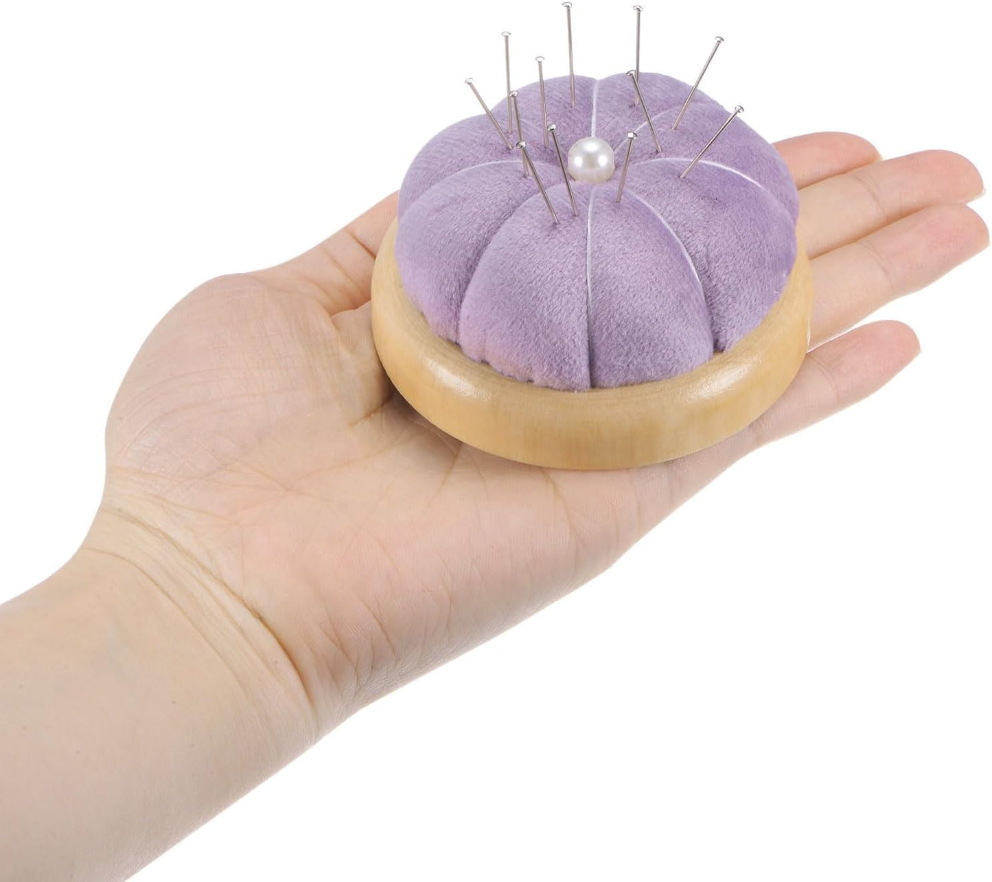 HARFINGTON Wooden Base Pin Cushion Japanese Style Cute Needle Holder Pincushions Round for Sewing Quilting Needlework DIY Crafts, Light Purple