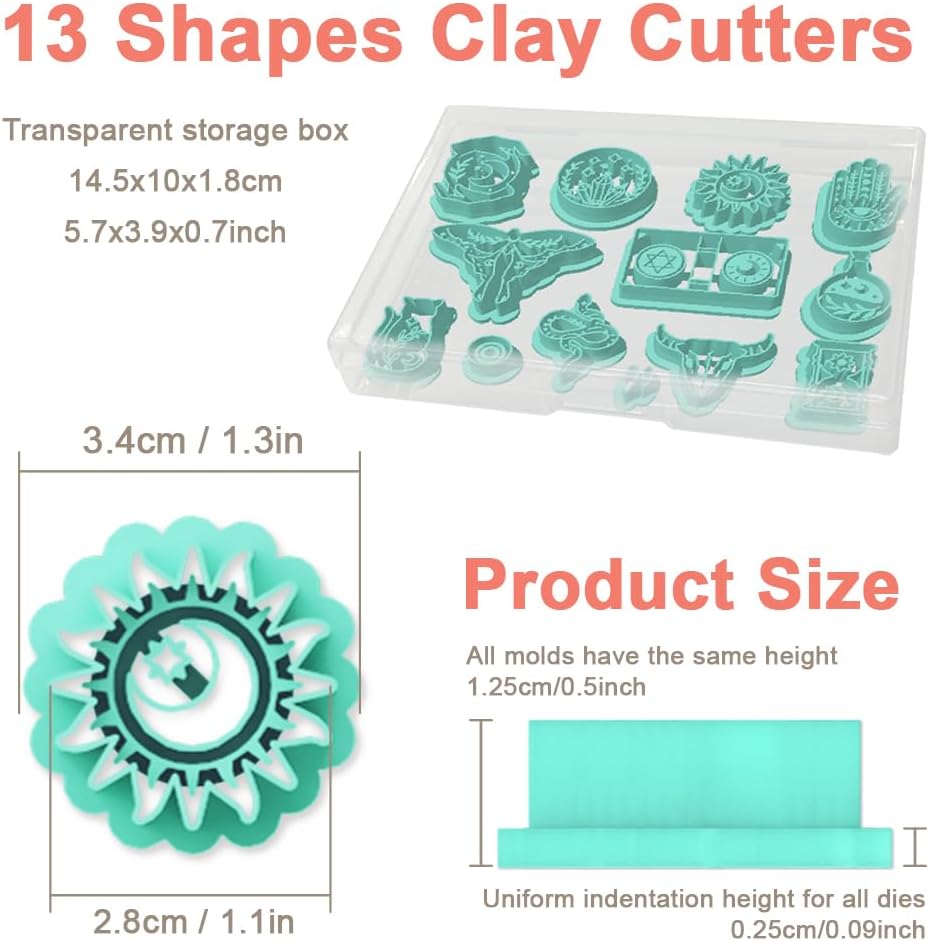Mysterious Boho Clay Cutters - 13 Shapes Mysterious Magical Elements Polymer Clay Cutters for Jewelry, Earring Making Kit with Storage Box