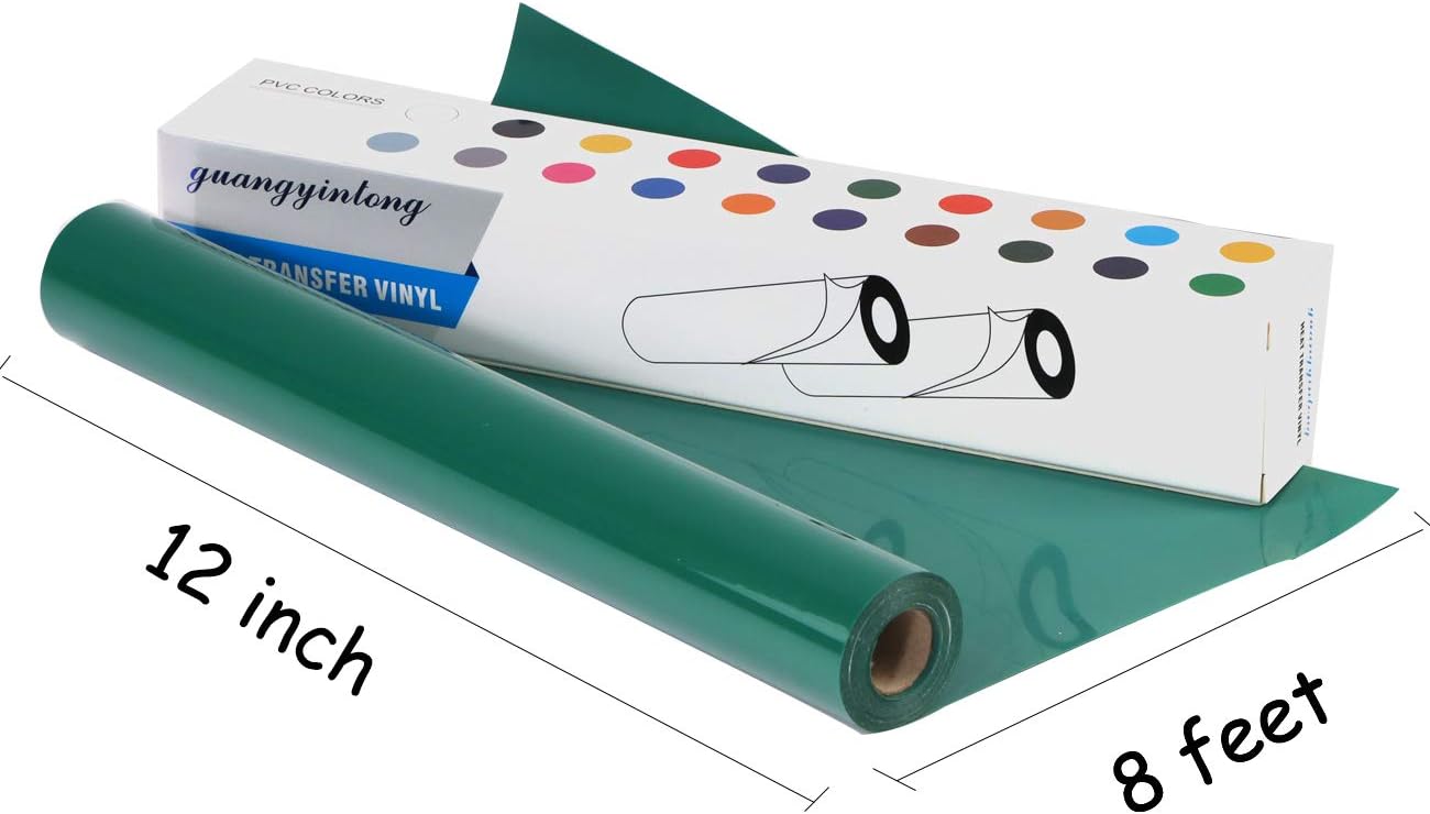 Guangyintong Green HTV Rolls - 12" x 8ft, Iron on Vinyl for T-Shirts, Glossy Surface, Easy to Cut & Weed for Heat Vinyl Design