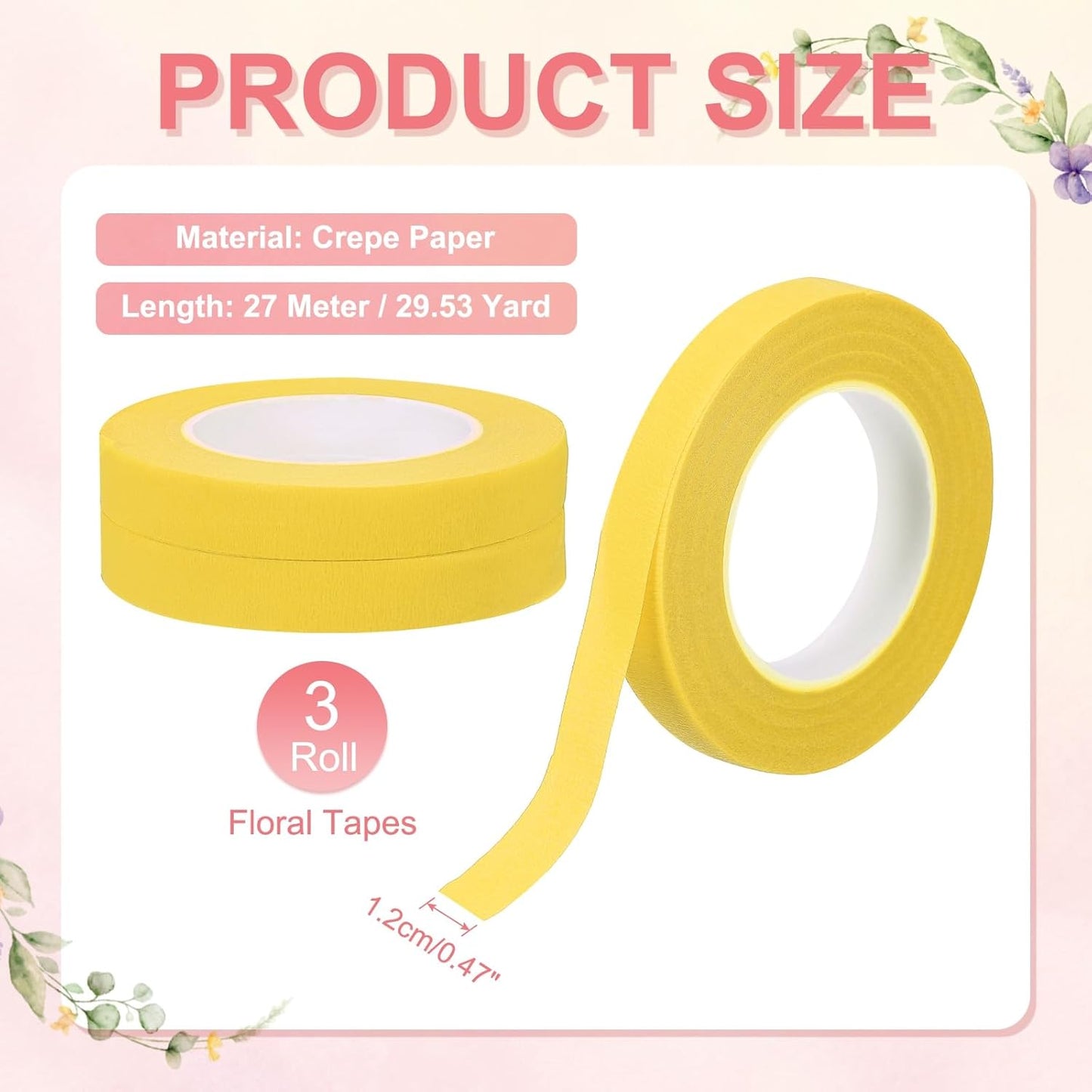 MECCANIXITY 3 Rolls Floral Tapes, 30 Yard x 1/16 in Florist Crepe Flowers Bouquets Tape Adhesive Waterproof for Flower Arranging Wrapping, Yellow