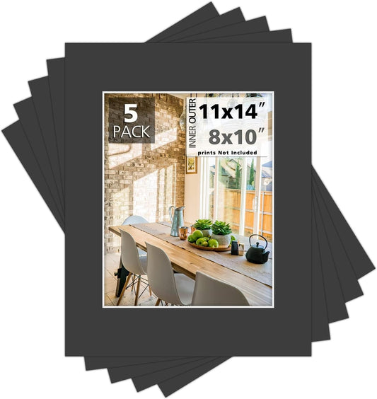 MBC Mat Board Center, Pack of 5, 11x14 for 8x10 Black Photo Picture Mat - Acid Free, 4-ply Thickness, White Core - for Pictures, Photos, Framing