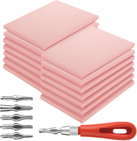 15 Pack Rubber Linocut Kit - 4 x 6 Inch Stamp Making Kit with Linocut Tools - Pink Rubber Block Stamp Printing Kit for Printmaking Supplies, DIY