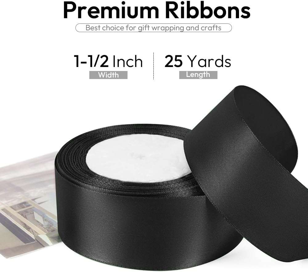 1-1/2 Inch 25 Yards Satin Ribbon Black, Solid Color Fabric Ribbon for Gift Wrapping, Wedding, Polyester Gift Ribbon for Birthday Party Decoration, Craft, Hair, Floral, Sewing