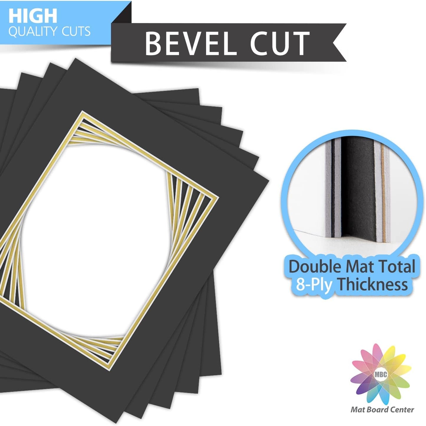 Mat Board Center, Double Mat - Acid Free, 8-ply Thickness, White Core - for Pictures, Photos, Framing (Black Over Gold, 16x20 for 11x14, Pack of 5)
