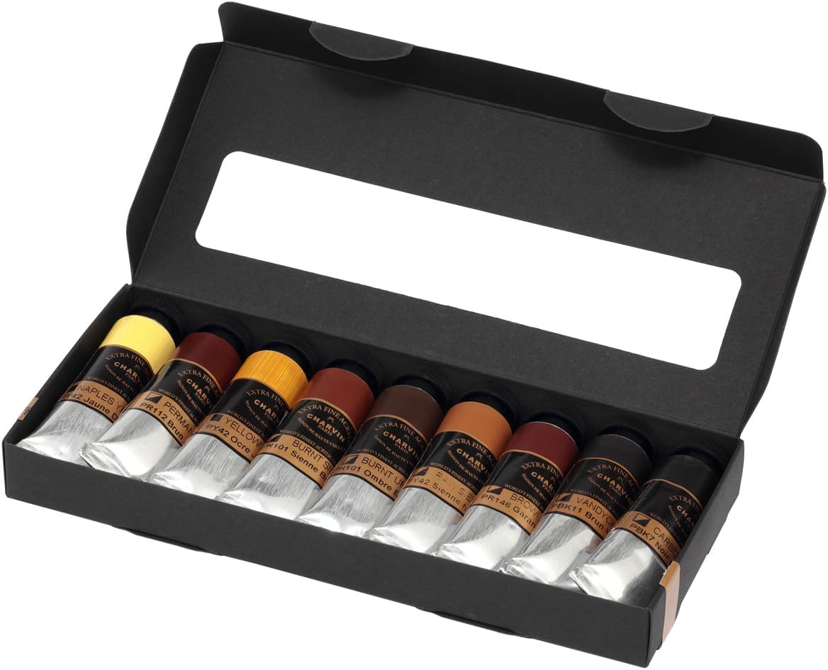 Charvin Extra Fine Professional Acrylic Paint Set for Artists, Earth Shades - Bonjour Set of 9, 20 ml Tubes, Triple-Milled, Lightfast Pigments, Artist Acrylic Paints in Nature-Inspired Hues