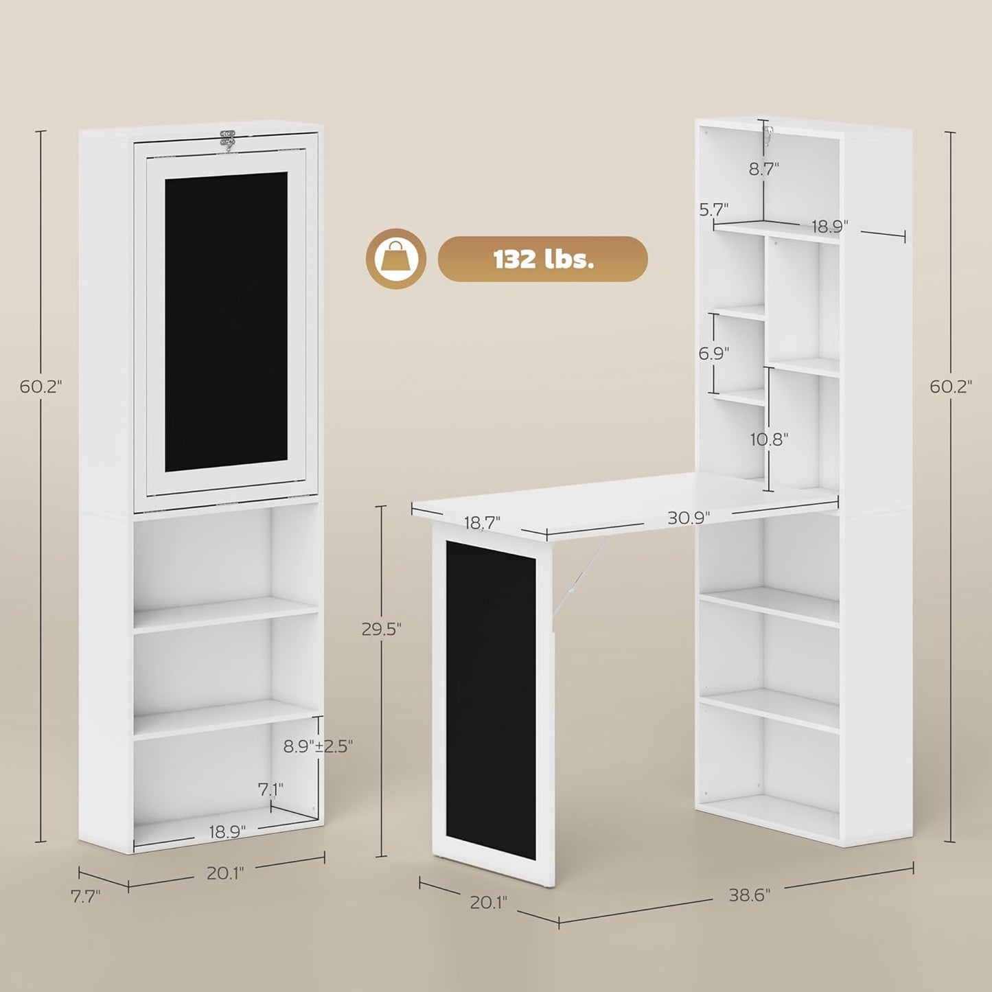 HOMCOM Fold-Out Convertible Writing Table, Wall Mount Desk Cabinet with Blackboard and Side Shelf Multi-Function Home Office Workstation, White