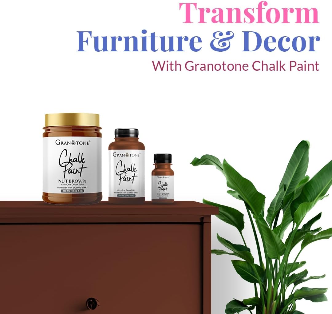 GRANOTONE Chalk Paint for Furniture | Matt-Finish Water-Based Acrylic Paint for Wood, Walls, Metal, Glass, Paper, Fabric Canvas | Maximum Coverage Chalk Paint for Kids & Adults, 500 Ml (NUT BROWN)