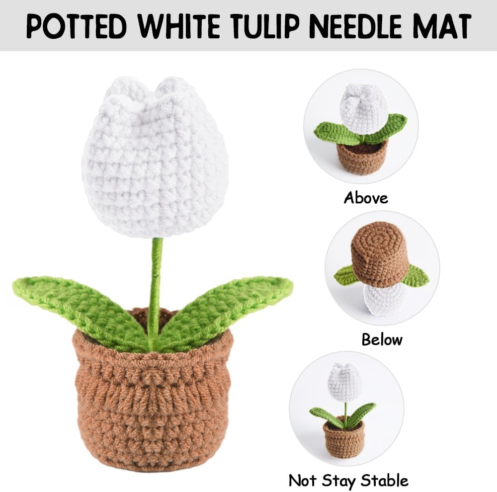 Tulip Pin Cushion, Handmade Knitted Pincushions, Cute Pin Cushions Needle Holders for Sewing Quilting Accessory, DIY Crafts or Patchwork Decor.Flowerpot Design White Tulip