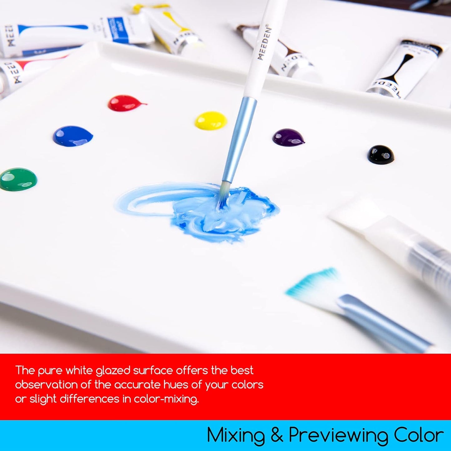 MEEDEN Ceramic Tray Palette, Ceramic Artist Paint Palette, Porcelain Mixing Tray for Watercolor Gouache Painting, Large Mixing Area White Rectangle Palette for Painting Large Artwork