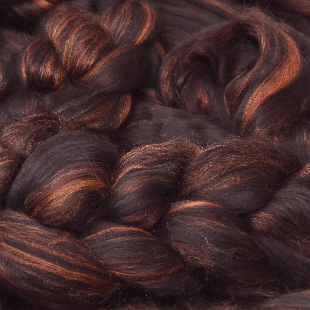 Merino Silk Luxe Tonal Designer Blend. Superfine Merino, Mulberry Silk, Tussah Silk. Top Roving for Spinning or Felting. Chestnut Velvet 4oz