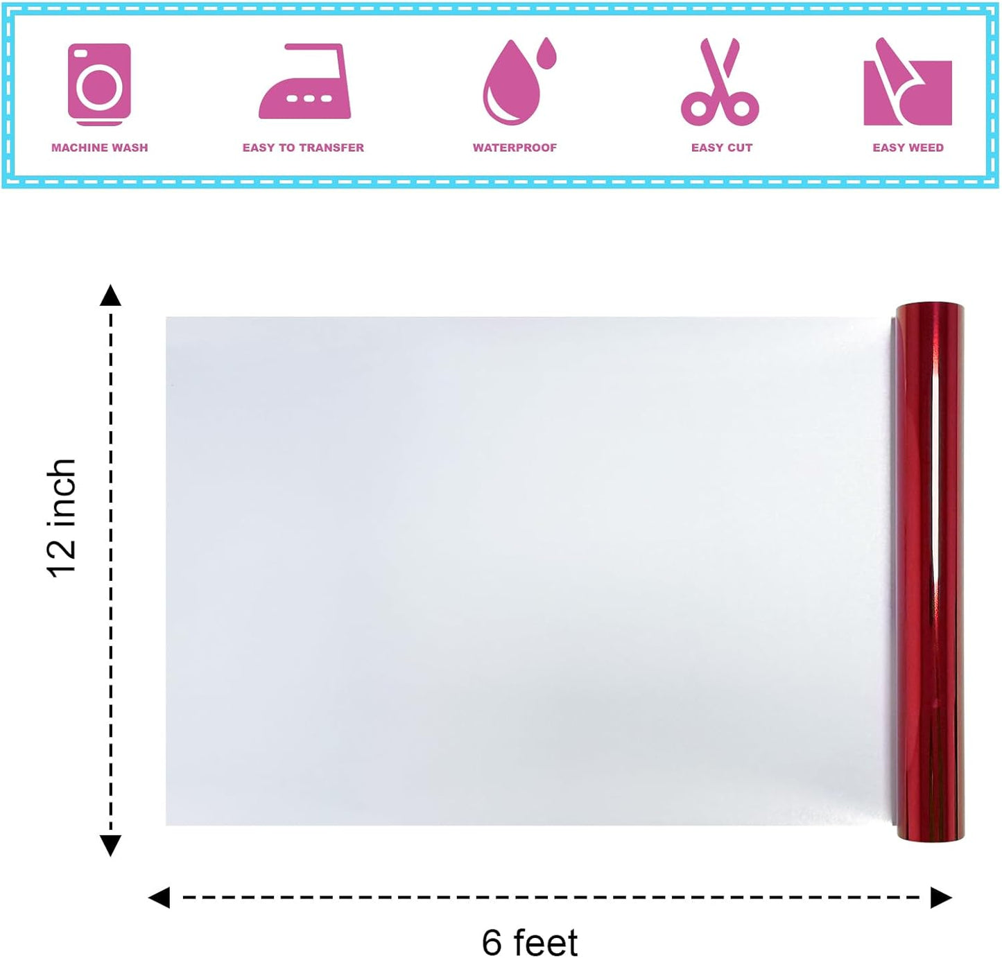 Metallic Red Foil Heat Transfer Vinyl 12Inch*6FT Bundle Chrome HTV Pack in Vibrant Colors for Stunning T-Shirt Designs! Perfect for DIY Heat Transfer Vinyl (Red, 12Inch*6Ft)