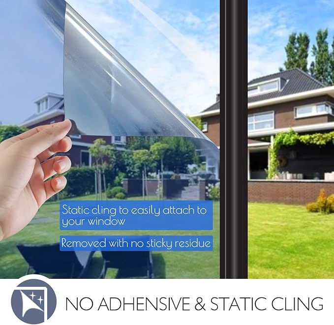 HIDBEA One Way Mirror Window Film Daytime Privacy, Heat Control Anti UV Reflective Window Tint for Home, Non-Adhesive Self Static Cling Window Stickers(Blue-Silver, 17.5 Inch x 6.5 Feet)