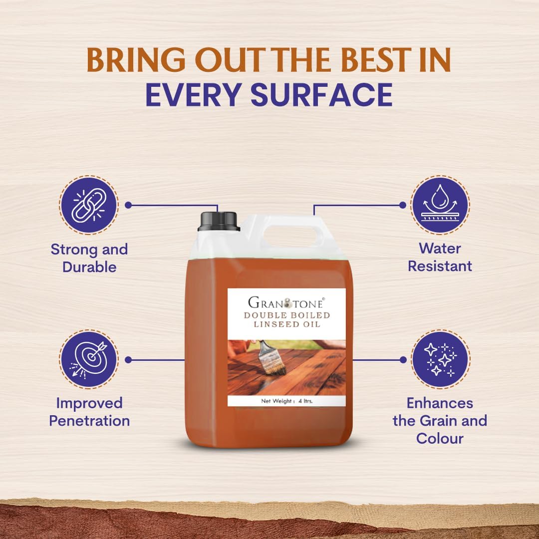 GRANOTONE Double Boiled Linseed Oil | Effective Waterproof Furniture Polish Oil, Used for Wood Finishing, Sports Goods Like Cricket Bat, Filling Cracks, Mixing with Paint and Wall Putty, 1 Ltr