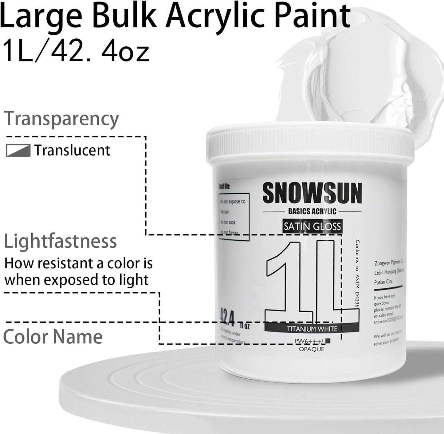 SNOWSUN Basics Titanium White Acrylic Paints, Large Bulk Acrylic Paint (42.4 oz, 1000ml) Non Toxic Gloss Heavy Body Art Paint for Multi-Surface, Ideal for Canvas Wood Ceramic Fabric and Nail Art Leather, Stone Craft, for Artists & Beginners