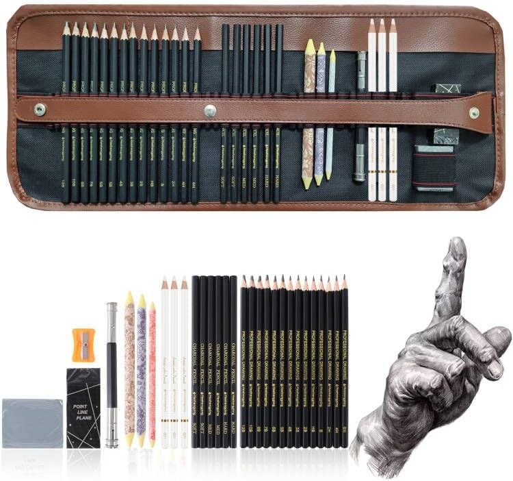 31 Drawing Sketching Pencils Kit, Portable Artist Supples Travel Case Set has Graphite, Charcoal, white color pencil, Blending Stump, gift for Adults Beginners for Drawing Sketch