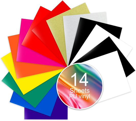 PU Heat Transfer Vinyl Bundle, 14 Assorted Color Sheets 12"x10" – Soft & Stretchable Iron-On Vinyl, Easy to Cut & Weed, Compatible with Cricut – Perfect for DIY Summer Gifts & Parent-Child Crafts