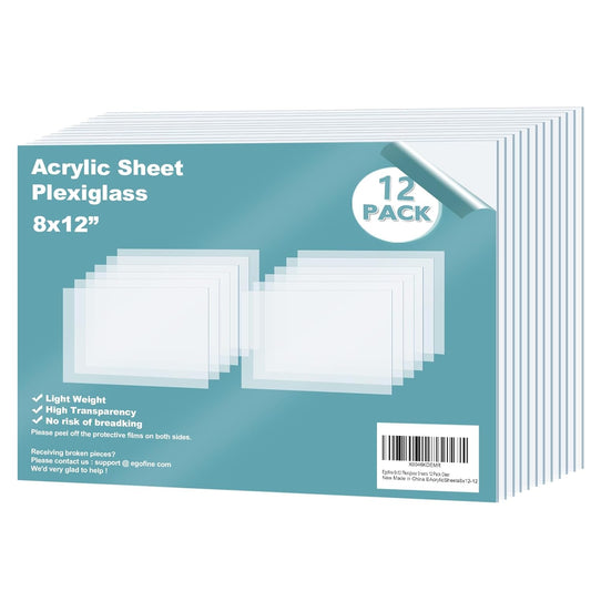Egofine Plexiglass Sheets Acrylic Sheets 12 Pack of 8x12’’ 0.04 Thick Clear Plastic Cast Transparent Plexi Glass for Crafting Projects, Replacement Picture Frame Glass, DIY Display, Easy to Cut