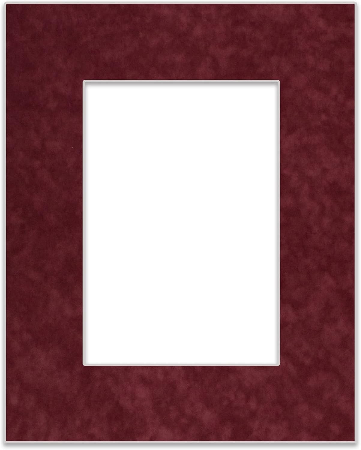8x10 Mat Bevel Cut for 6x8 Photos - Acid Free Dark Red Suede Precut Matboard With Backing Board and Crystal Clear, Self Seal Photo Mat Bag - For Pictures, Photos, Framing - 4-ply Thickness
